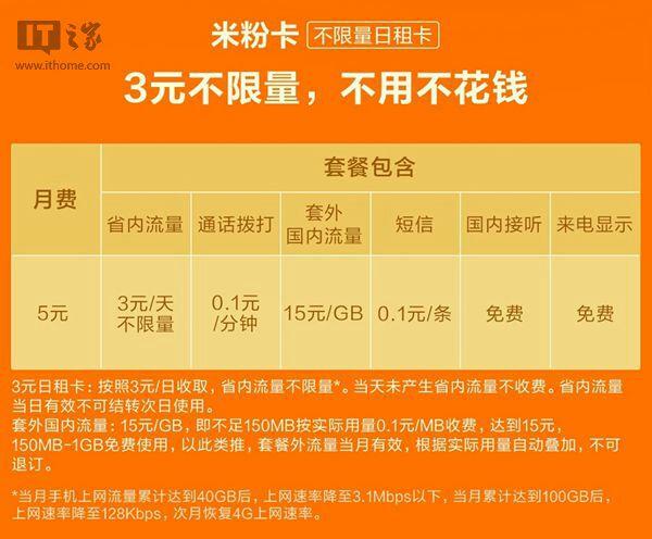 电信版米粉卡发布3元天省内不限流量