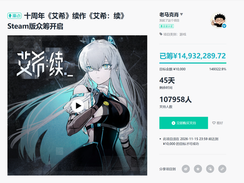 《艾希》续作众筹破 1200 万元远超预期，为何能引发现象级反响？