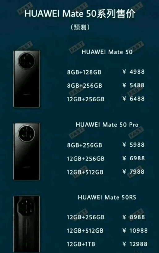 日前,有一组新的华为mate 50全系售价信息显示,华为mate 50手机的最低