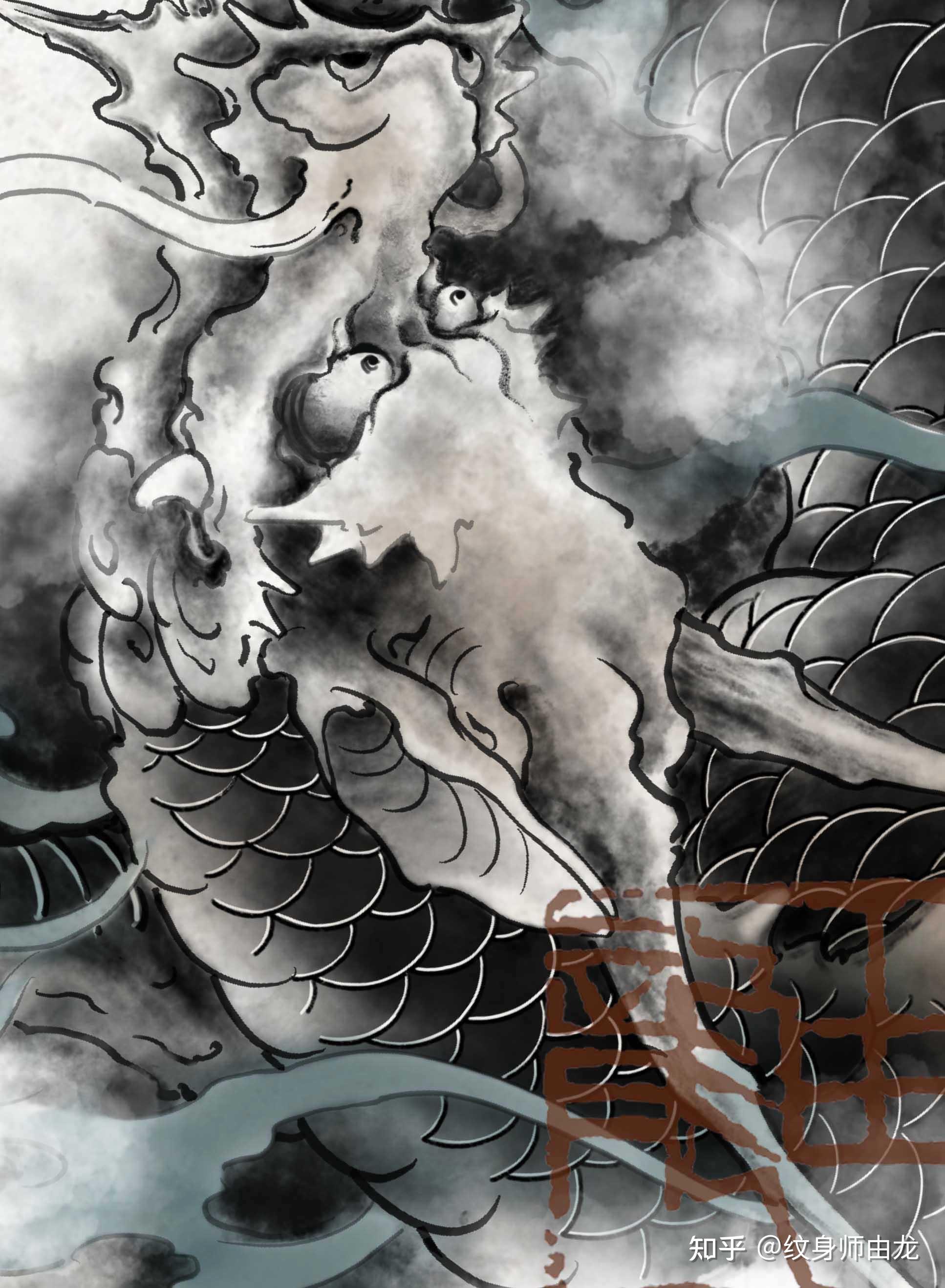 麒麟花臂纹身图案手稿设计_由龙手稿_上海由龙刺青