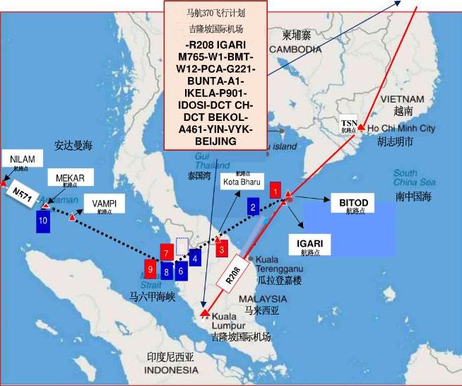 所示:红色路线会马航 370 计划飞行路线,黑色虚线为其改道后的航线