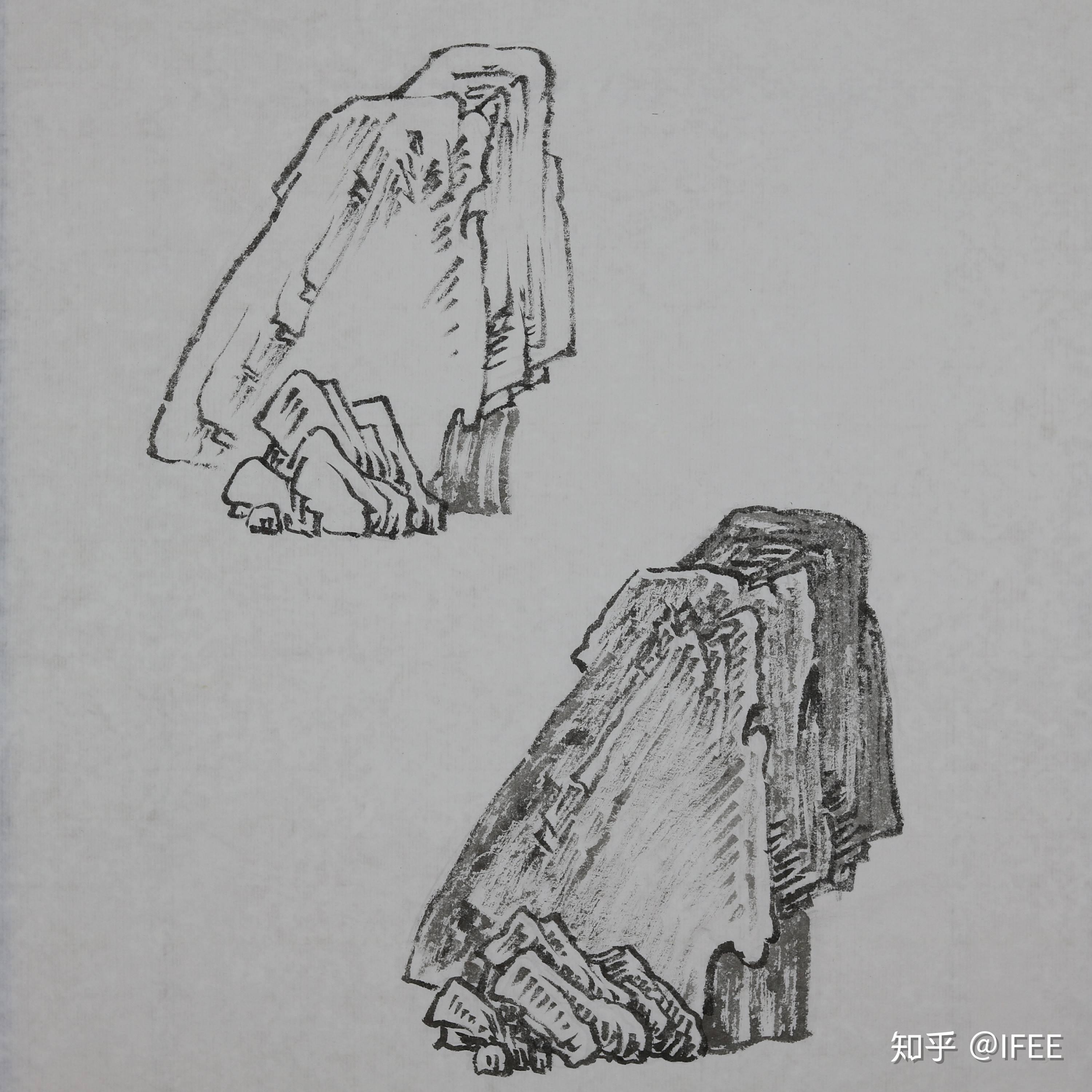 王军河 工笔山水王军河 工笔山水 雨点皴山石的皴法:加皴按石块的阴阳