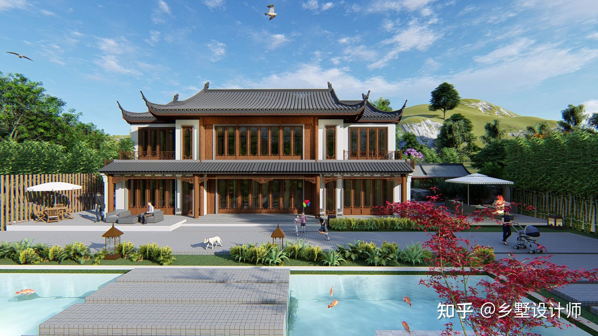 南侧效果图建筑整体为中式风格,设计师采用白色真石漆搭配灰色屋面瓦