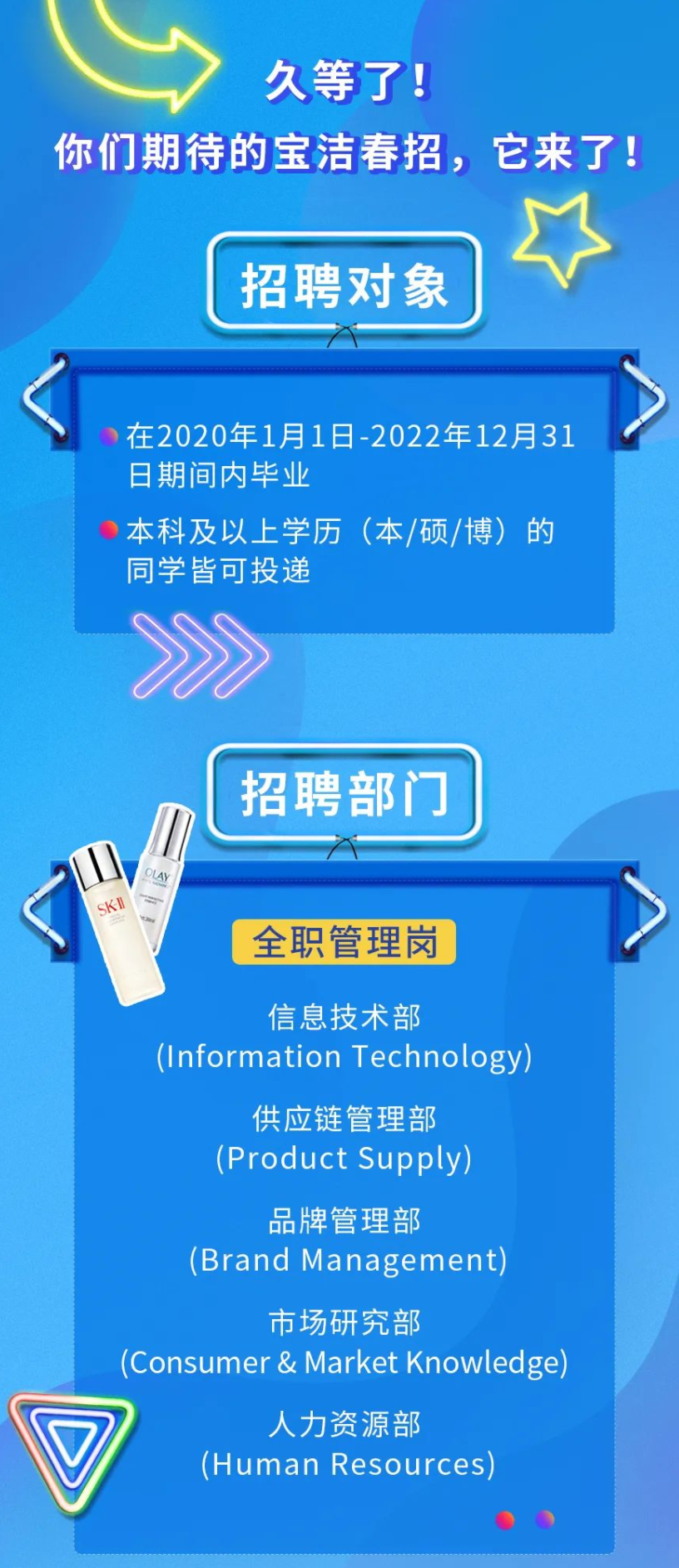 宝洁此次招聘面向2020年1月1日-2022年12月31日期间的毕业生,本硕博皆