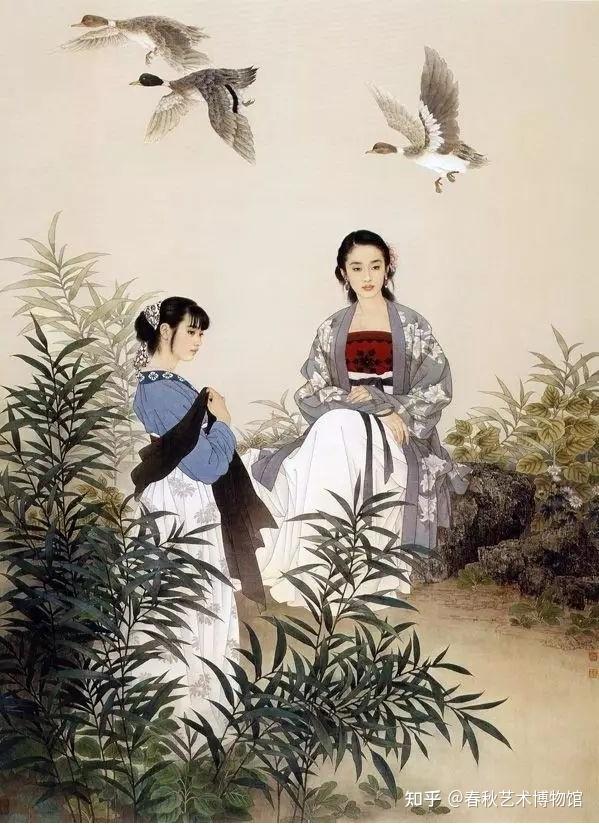 馆内有一幅伉俪画家赵经国,王美芳夫妇创作《松庭观鹤松竹仕女画》