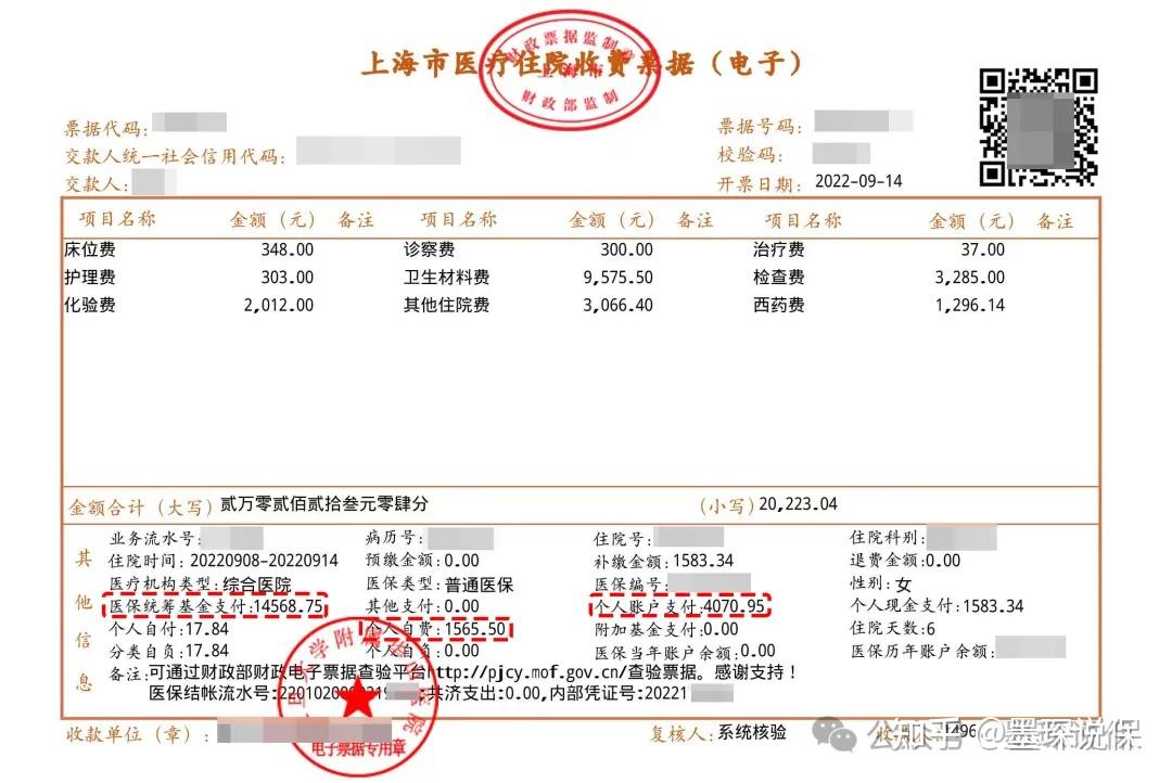 这是一张2022年上海市某医院的住院收费票据,我们可以清楚的看到发票