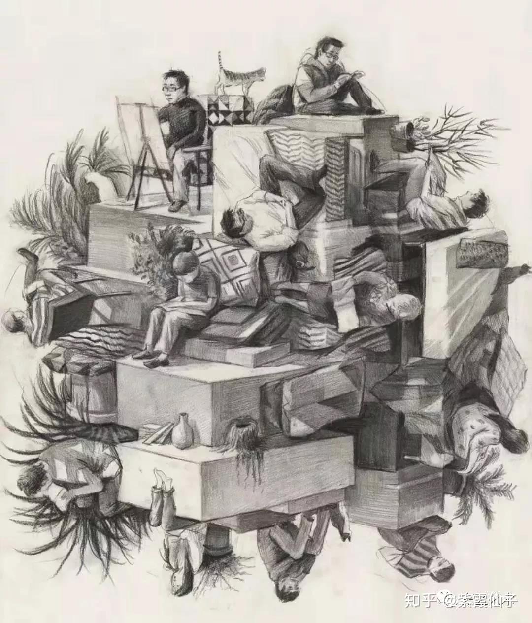 他借鉴了埃舍尔矛盾空间的构图,作品感很强烈,但刻画的人物状态都是