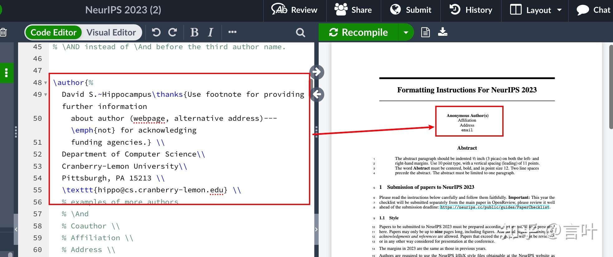 NeurIPS 2023 LaTeX模板Author信息无法修改的解决方案(或如何让Author正常显示在预览中) 知乎