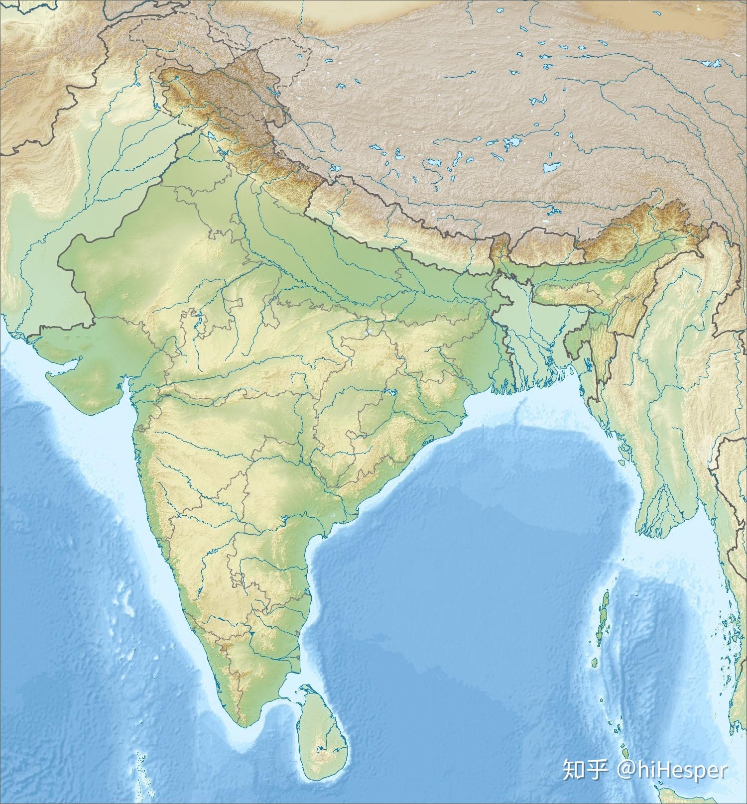 印度北部为喜马拉雅山地,中部是恒河,印度河平原,南部为德干高原