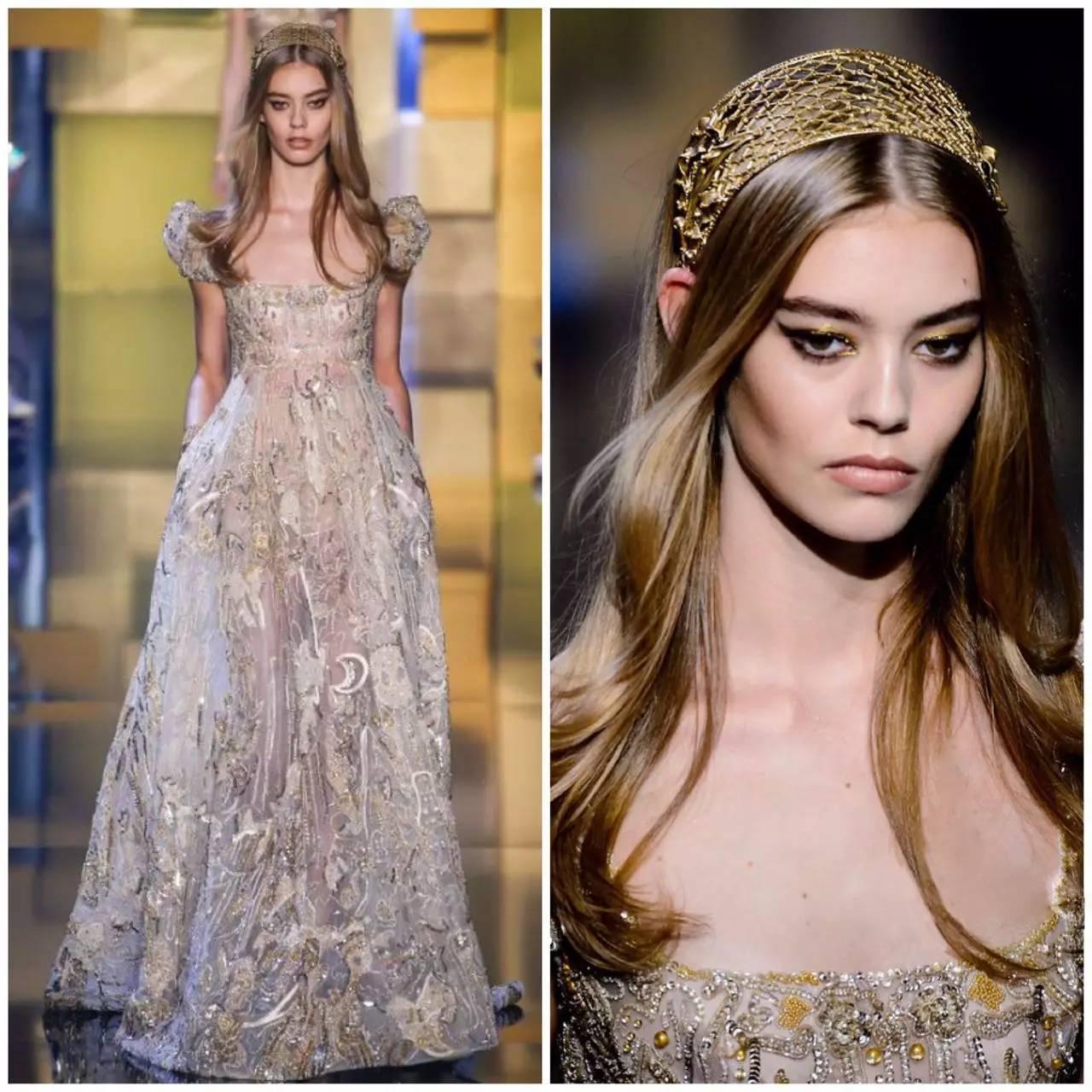 而elie saab的枝叶和金属网状金色发饰,哪个女人不会心动?