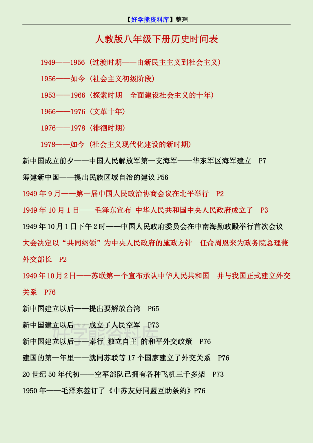 部编人教版初二八年级下册历史必背大事年表汇总