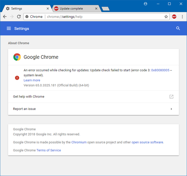 Код ошибки 3 0x80080005 system level google chrome