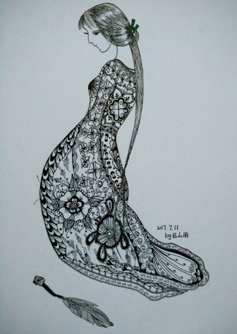 712手绘禅绕画古风美人图附步骤