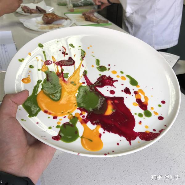西餐摆盘时用酱汁制作的背景效果是如何完成的?
