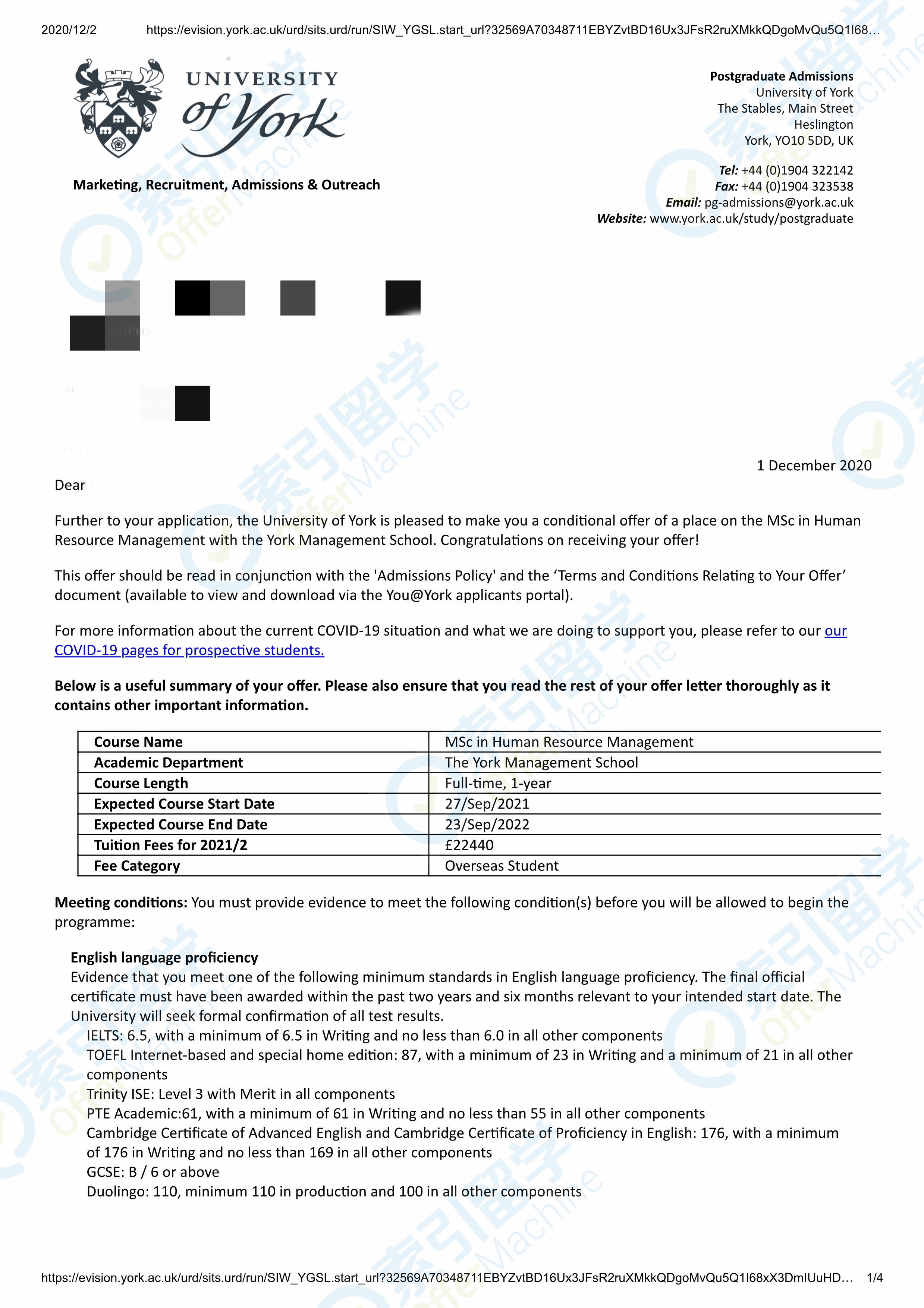 恭喜收获约克大学offer