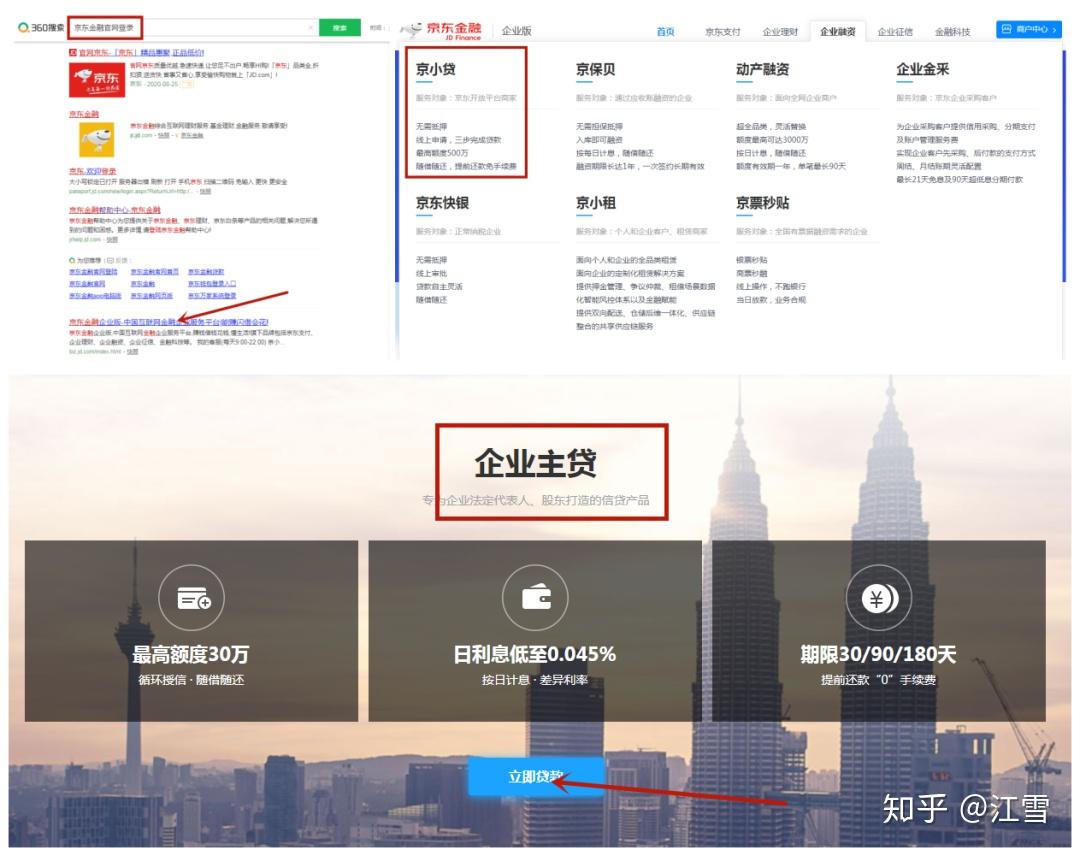 京東金融企業版點擊→企業融資點擊→京小貸,下滑找到