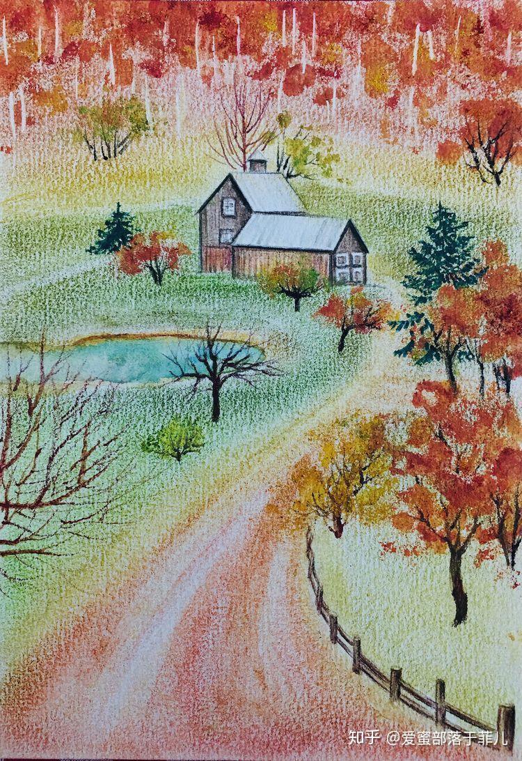 彩色铅笔风景画秋天图片