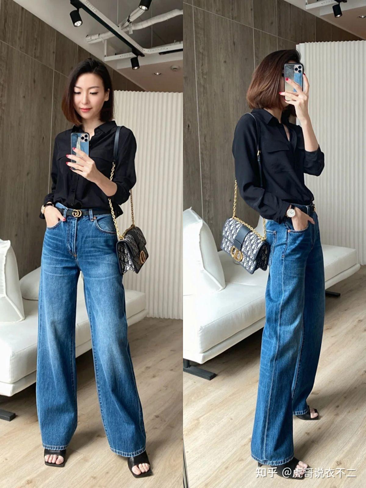 蓝色高腰牛仔裤作为无龄感单品,还能使沉闷感一扫而空,彰显出40岁女人