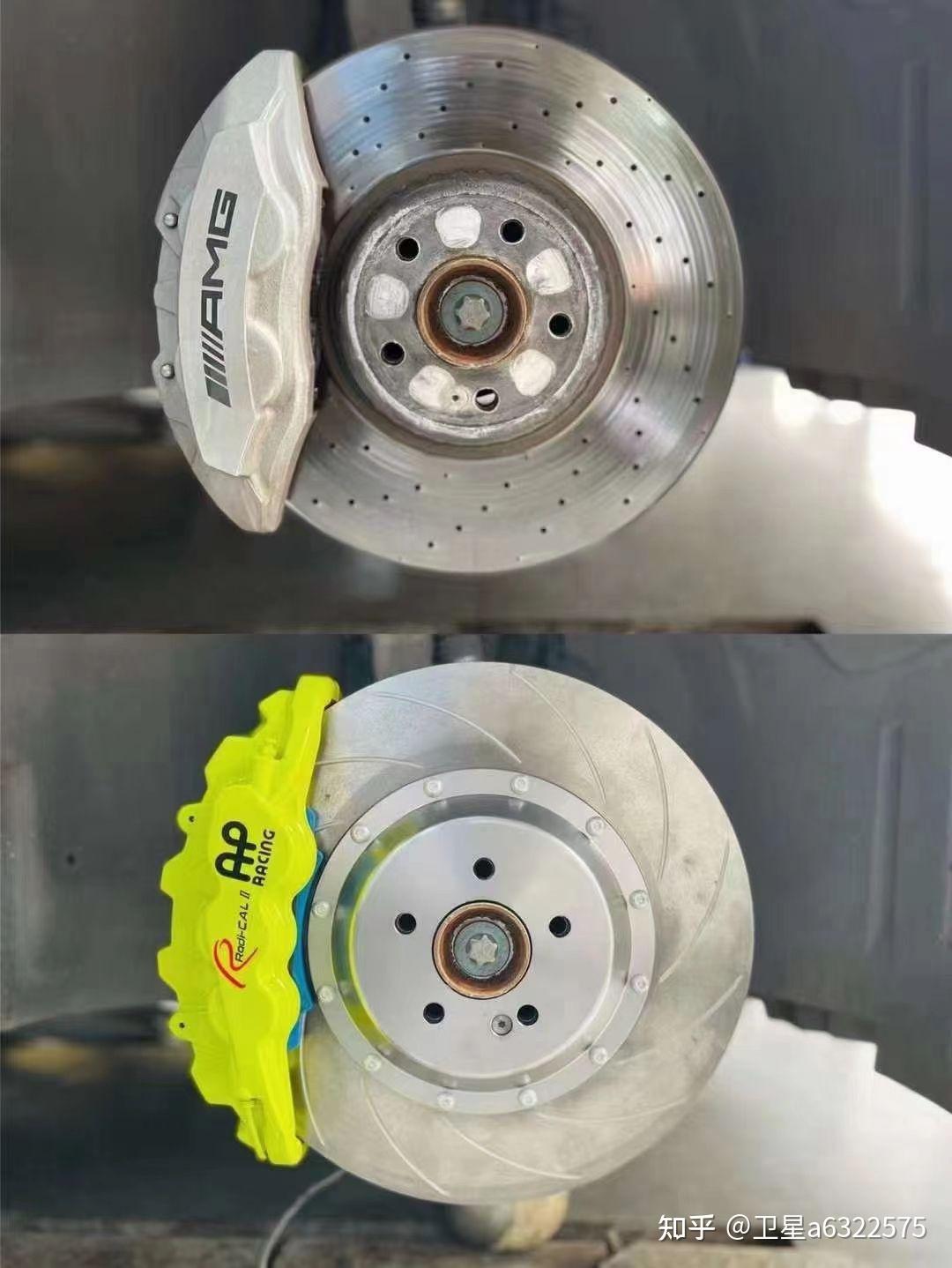 奔驰amge43刹车改装ap85系列六活塞卡钳定制荧光绿完美上车