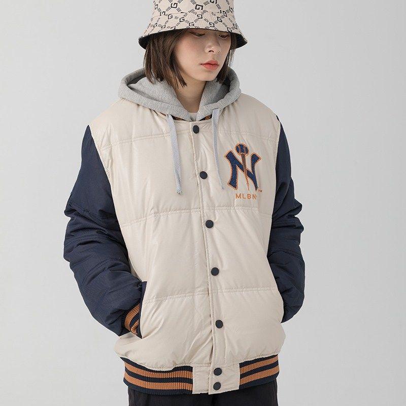 mlbny冬季pu皮刺绣连帽棒球服