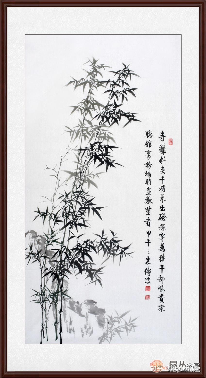 画《林逋·竹林》,构图疏朗开阔,墨色简洁不俗,在竹子的根部用淡赭色