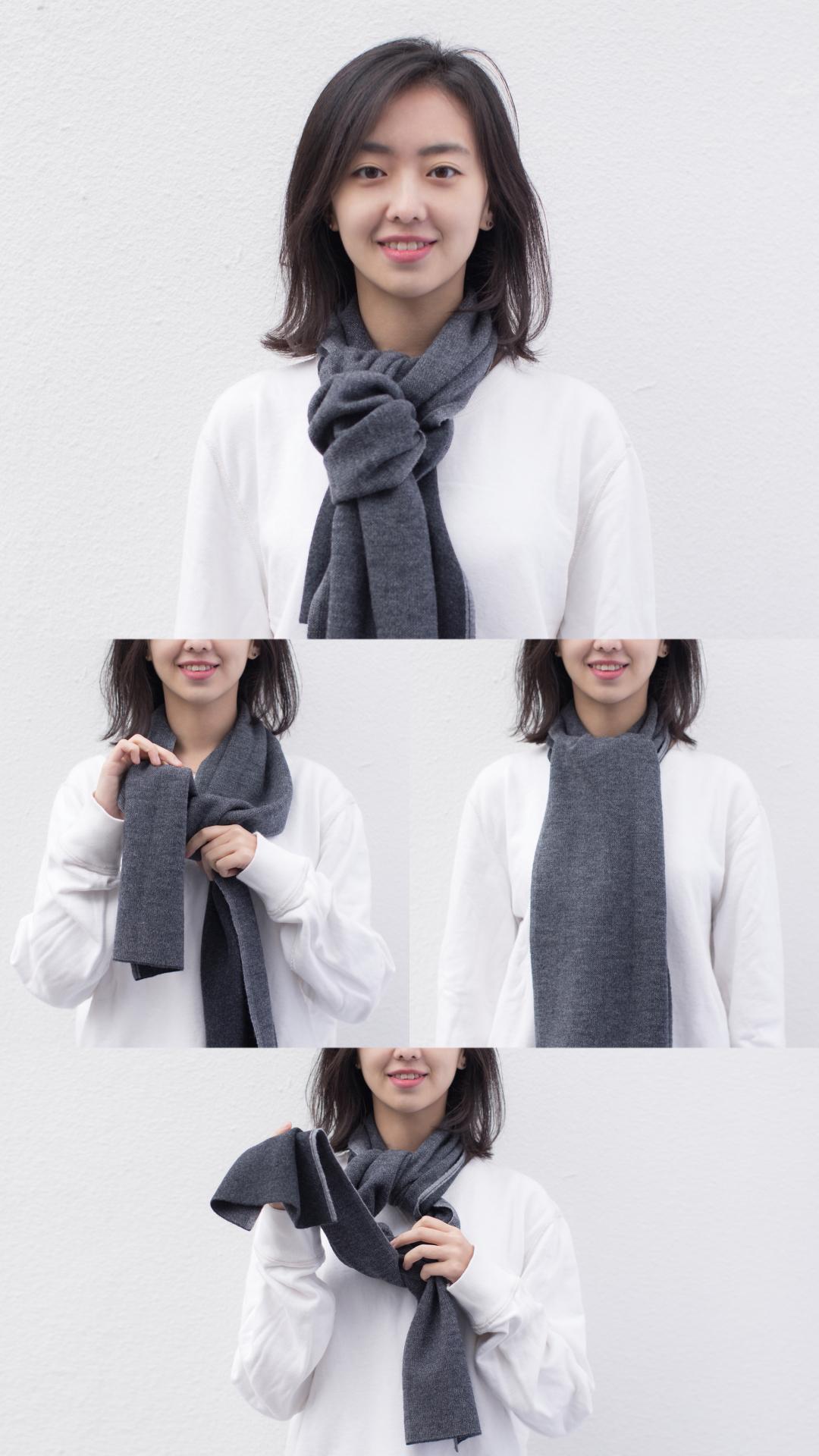 2,稍加整理后,用同样的方法再次打结1,围巾单层从脖子后方自然垂到