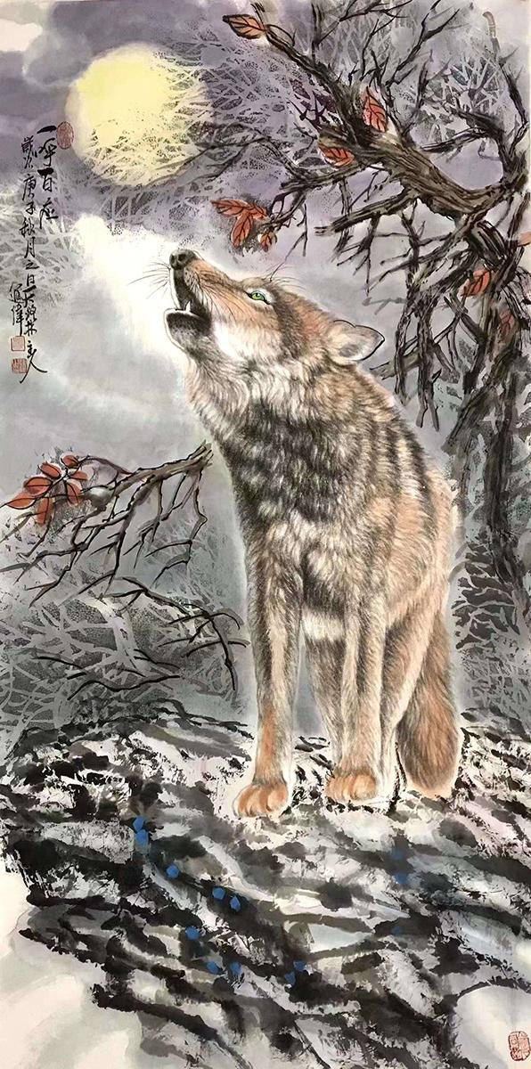 左进伟笔下的狼,或狂奔飞驰,或仰天长嚎,或雪地寻觅,充满了原始的野性
