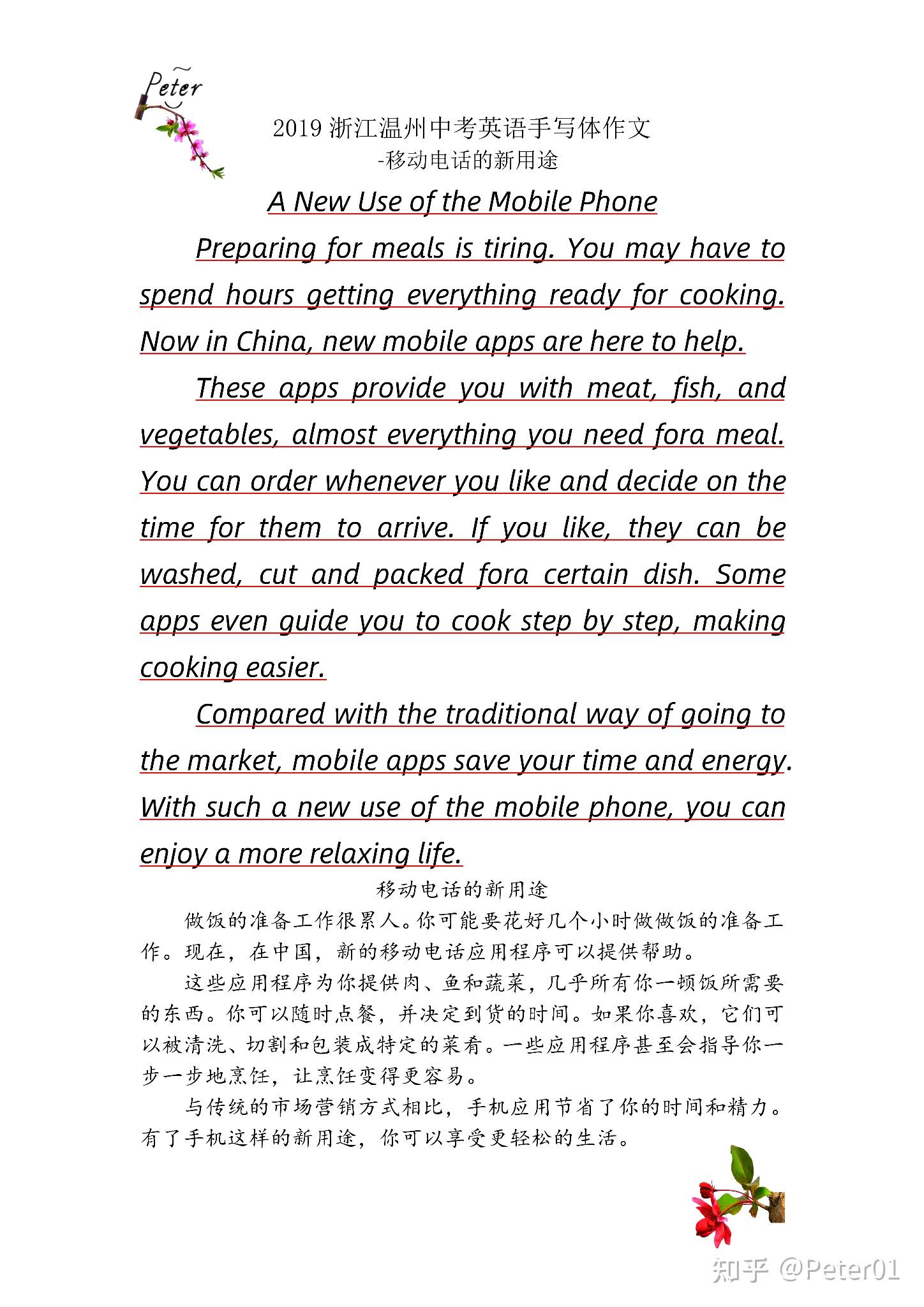 移动电话的新用途2019年浙江温州中考英语手写体作文