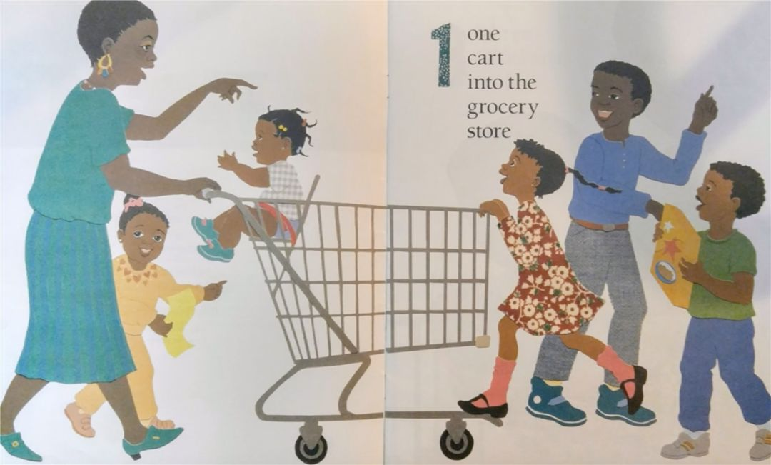 1 onecart into the grocery store推着一辆购物车,进入食品杂货店;2