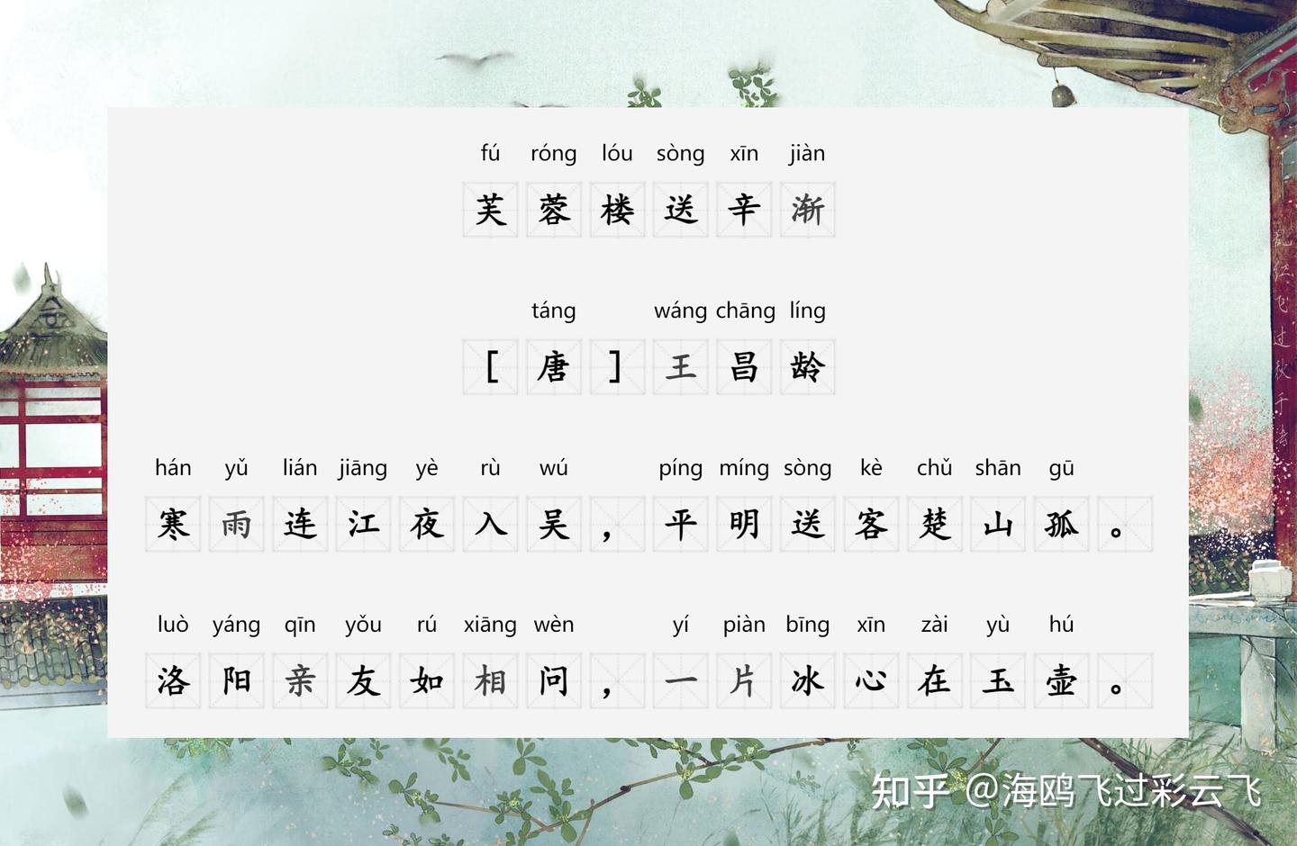 芙蓉楼送辛渐》 [唐] 王昌龄寒雨连江夜入吴，平明送客楚山孤。 洛阳亲友如相问，一片冰心在玉壶。 - 知乎