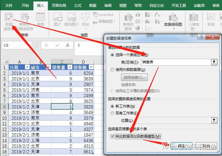 首先, 我们先插入一张透视表, 记得选中"添加到数据模型"这时候在表