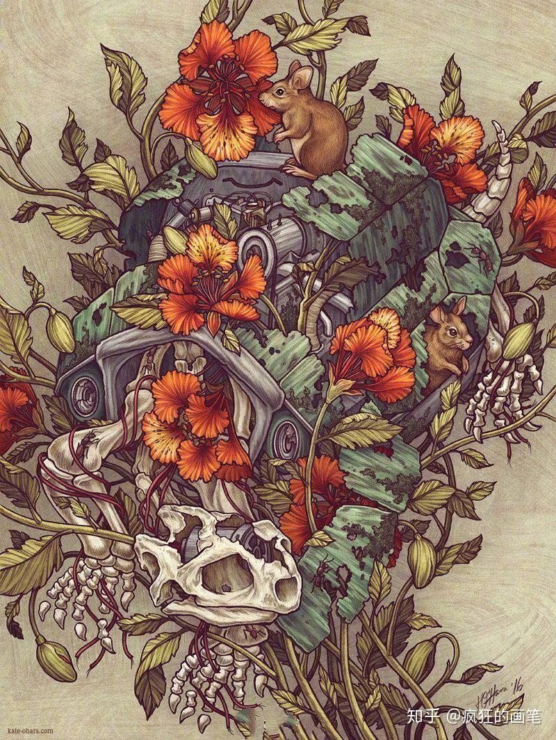 与动物植物交叉为概念展现人类对自然的行为概念设计人物插画师kate