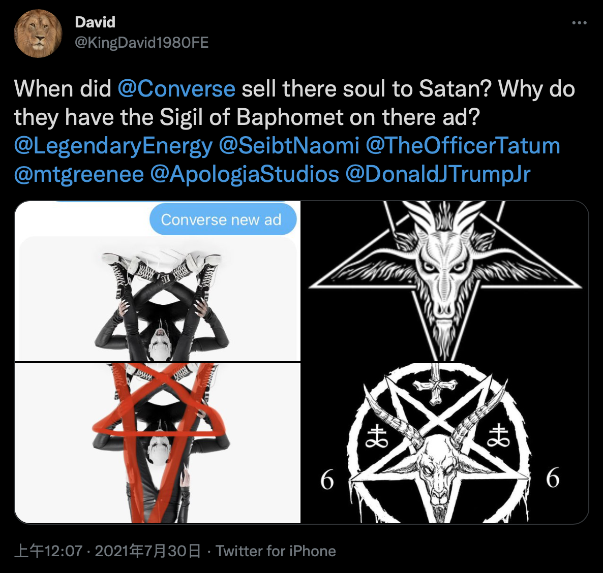 通过肢体的结合组成了一个倒五芒星符号——用来呼应此次