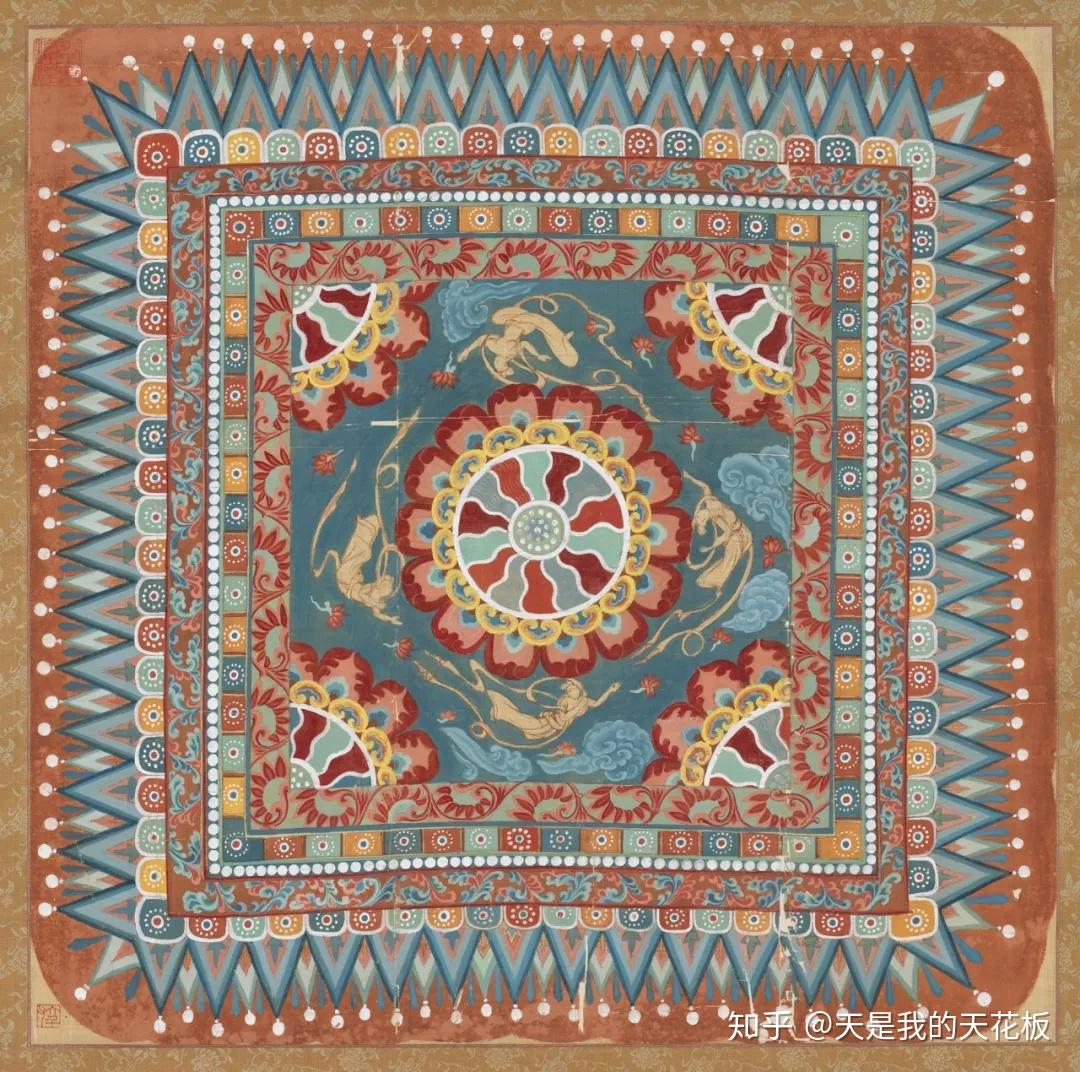 外框增加到四或五层,内框多画青,绿色卷草,外框多画牡丹,宝相花纹.