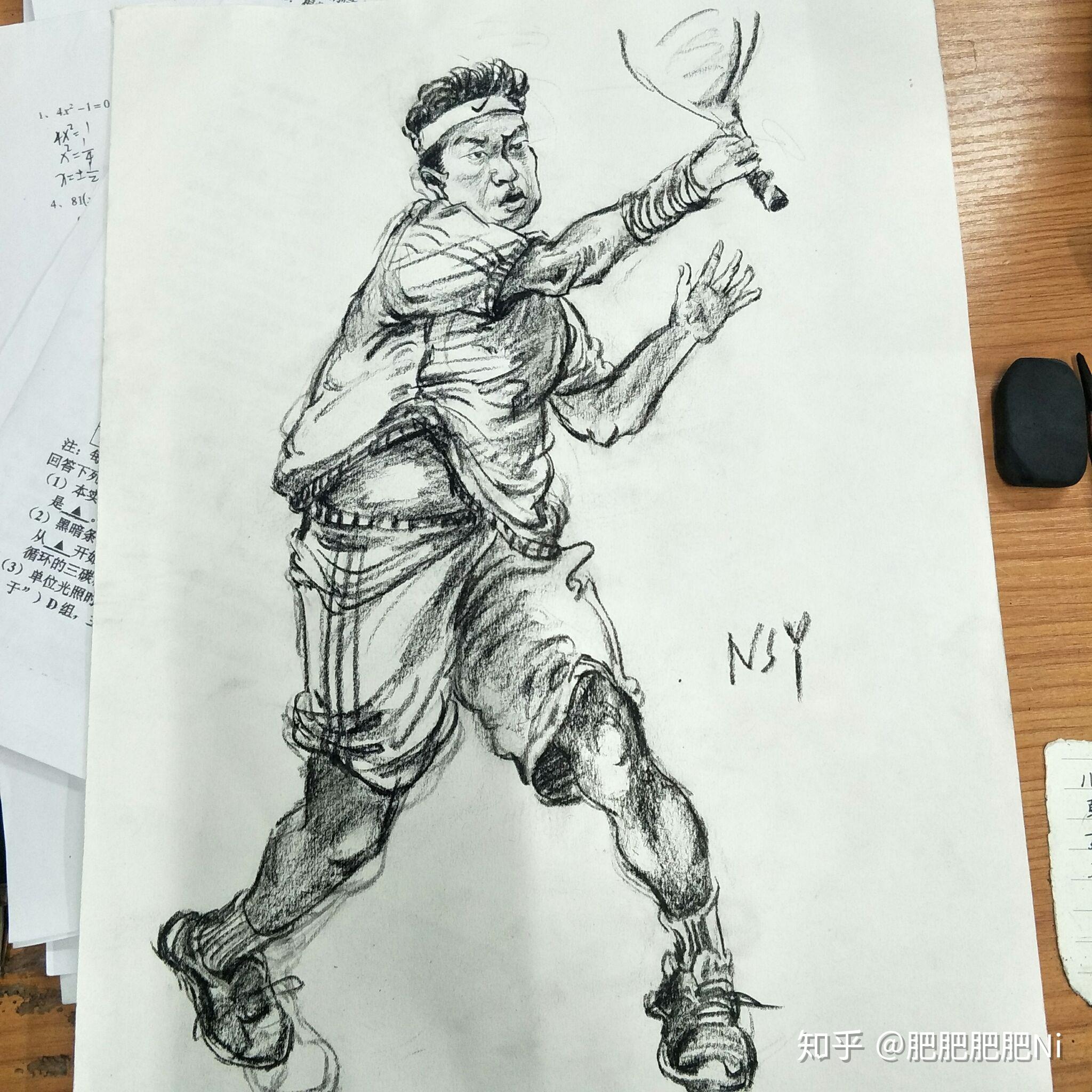 这张速写发给我妈妈的时候  他还指出  拿网球拍的手  手指断了哈哈哈