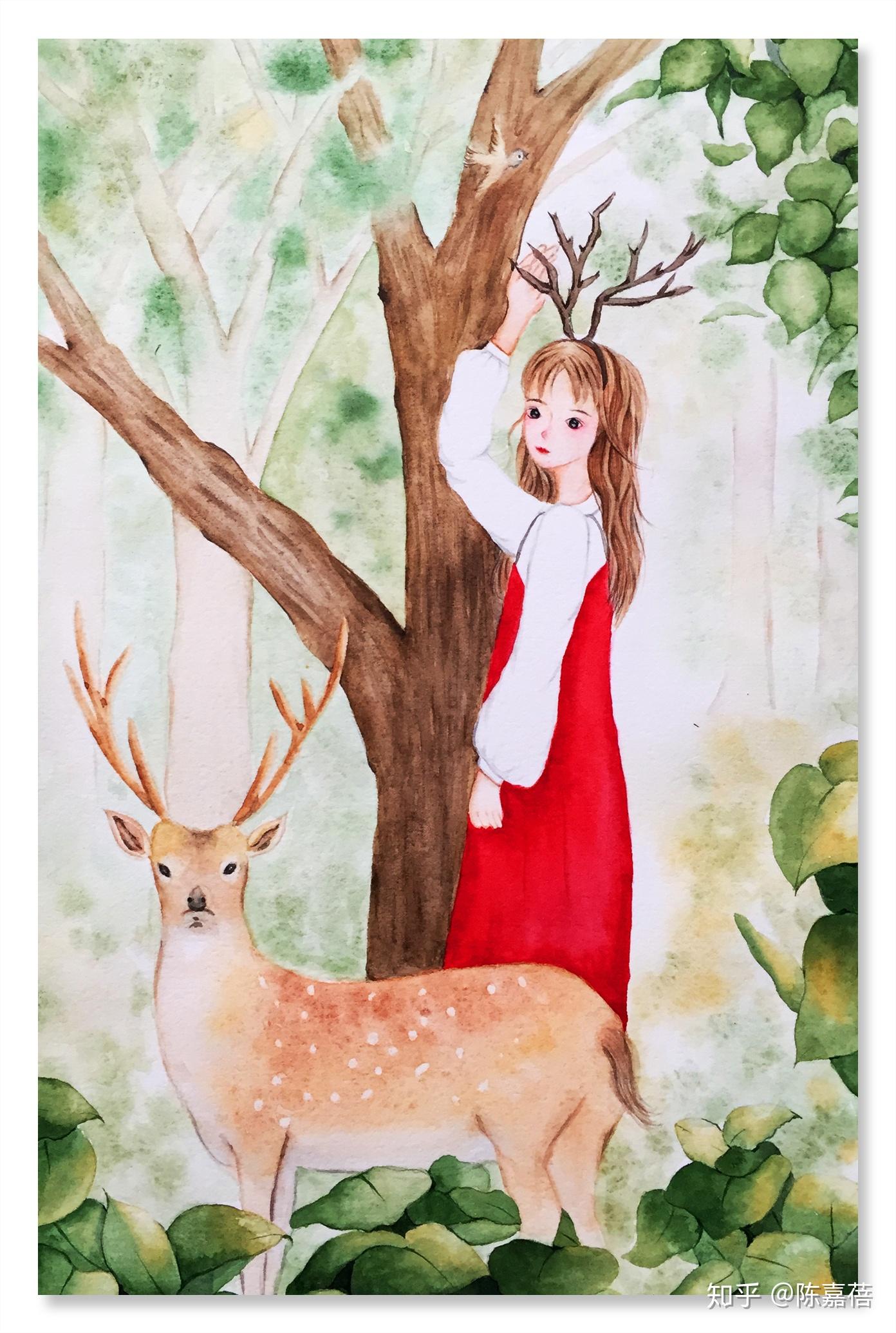 水彩画|少女和鹿