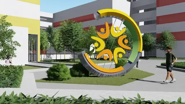 进入校门拾阶而上,办学理念景观小品和主题雕塑,希望金兴学子能够找到