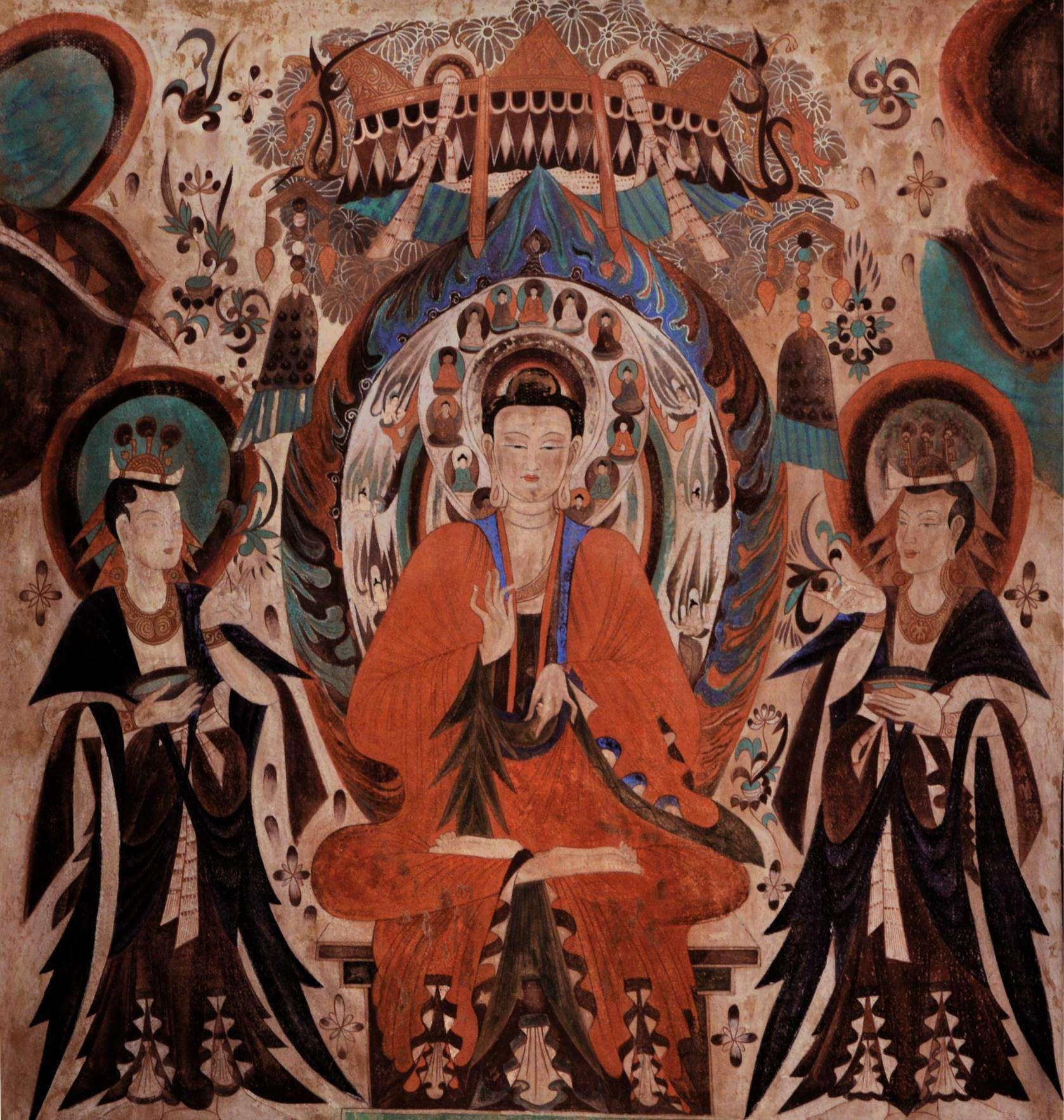 3西魏-285窟东壁-说法图之右边一组局部1临摹【墙皮壁画,图源:旭辉