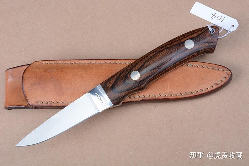 日本手工拉丝猎刀 枣木柄 1039号 小直 皮鞘