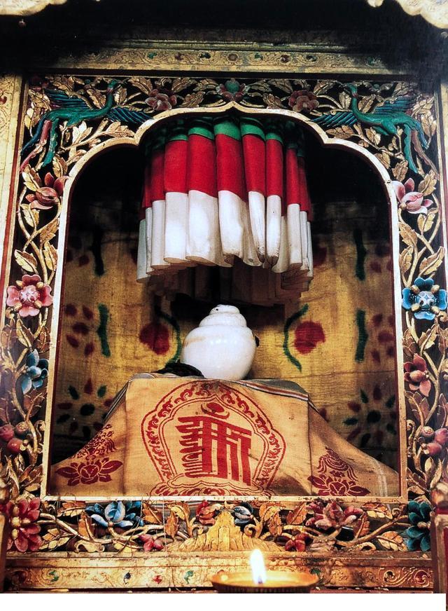 《乾隆皇帝佛装像唐卡》中,这个嵌宝石白蜜蜡右旋法螺则供于身披红色