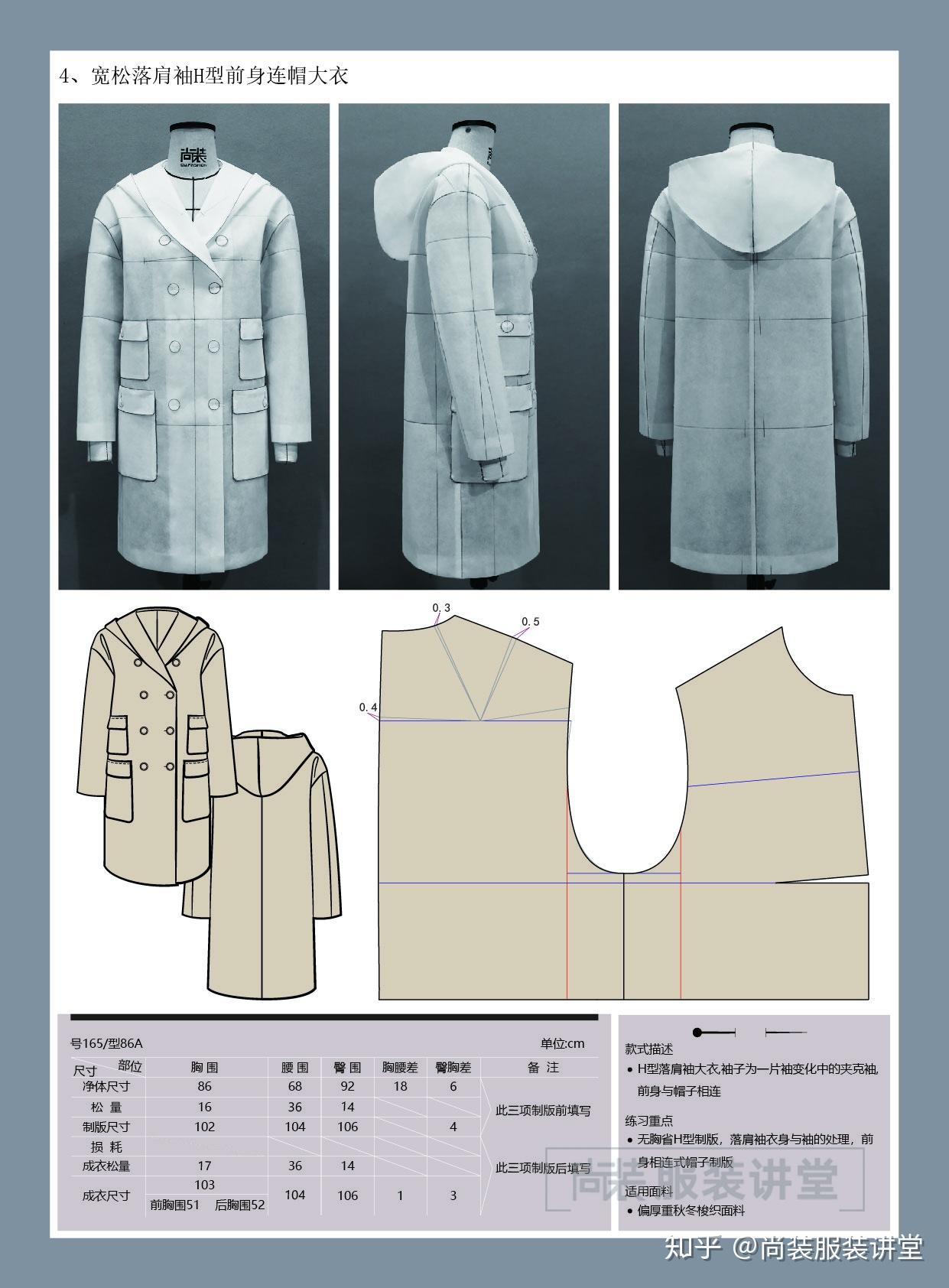 服装制版培训教程宽松落肩袖h型前身连帽大衣