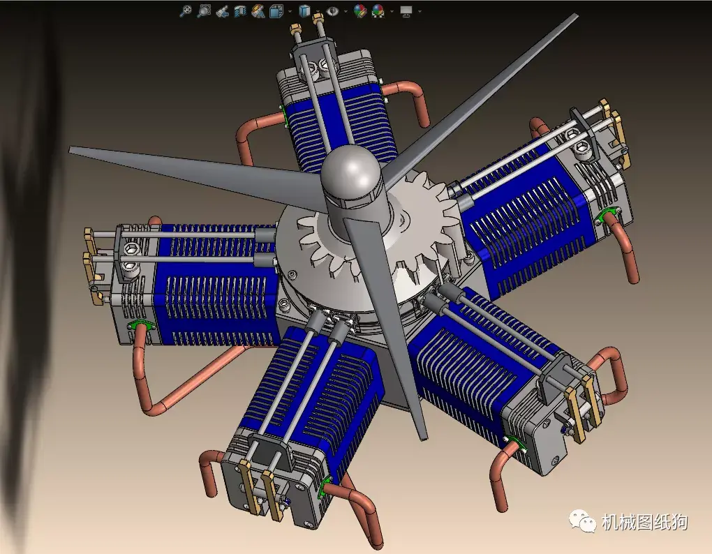 【发动机电机】motor radial径向五缸星型发动机3d图纸 solidworks