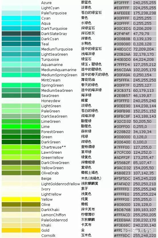 服装颜色分类及名称图片