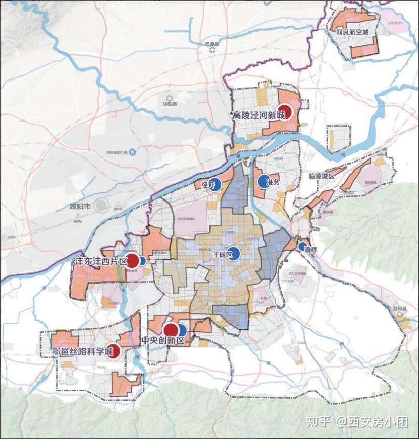 西安城区住房与保障规划图,蓝色区域为密度提升区未央湖片区最大优势