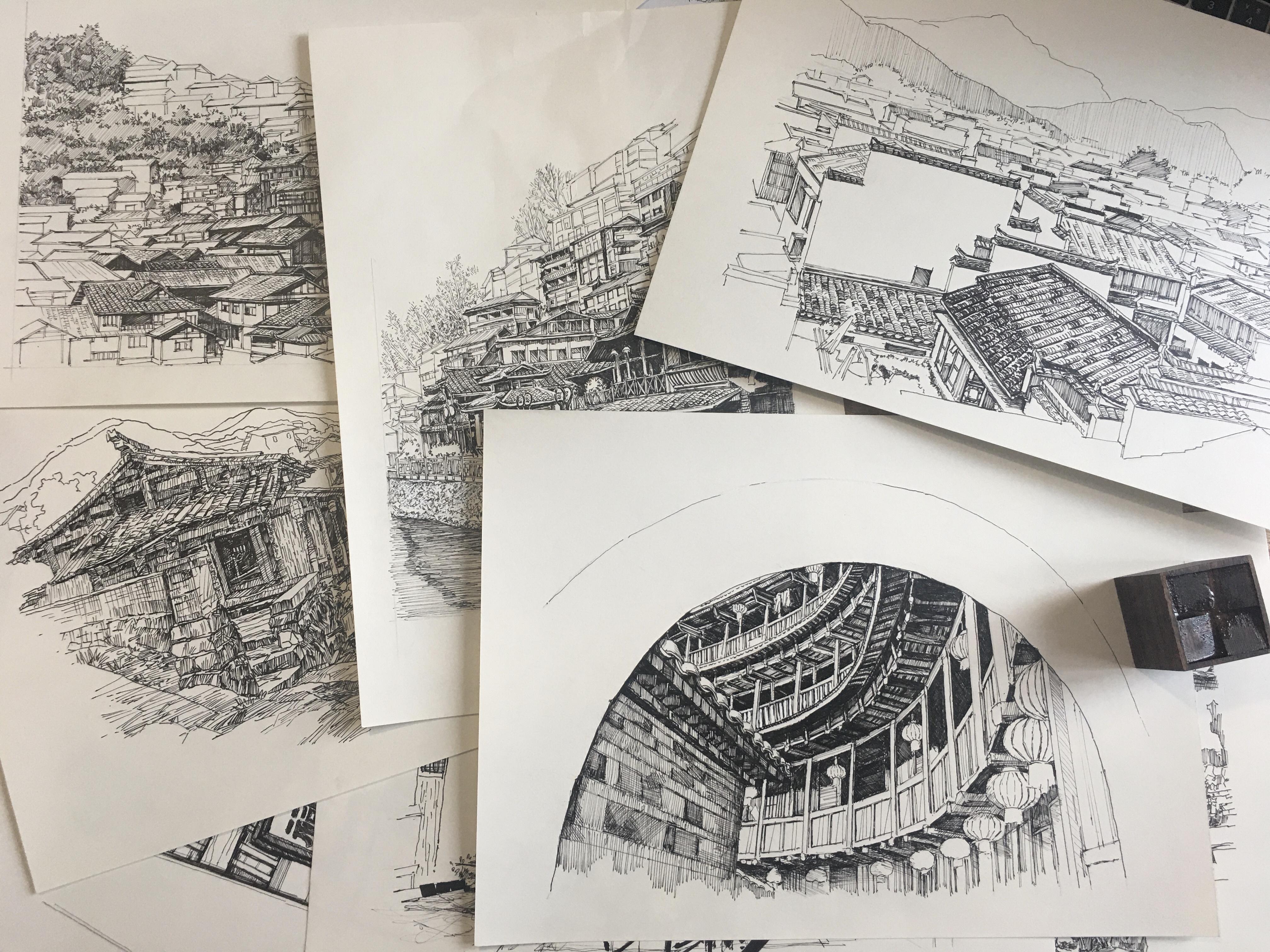 一行手绘原创精选100幅中国古建筑钢笔画步骤图视频解说送给勤奋得让