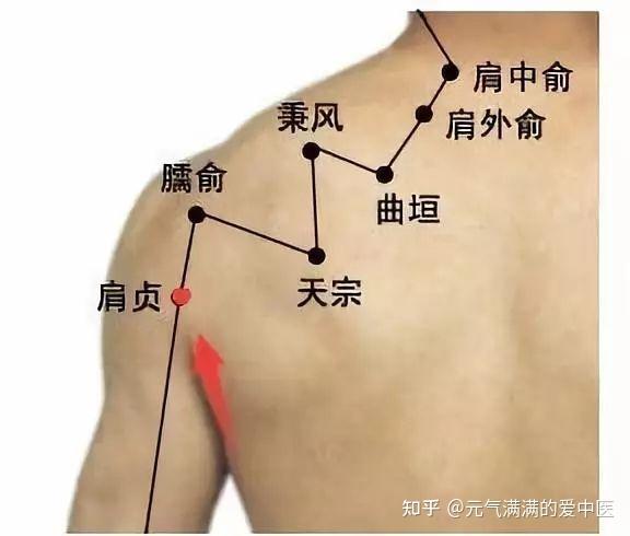 2,肩贞穴:腋后皱襞向上一横指的位置