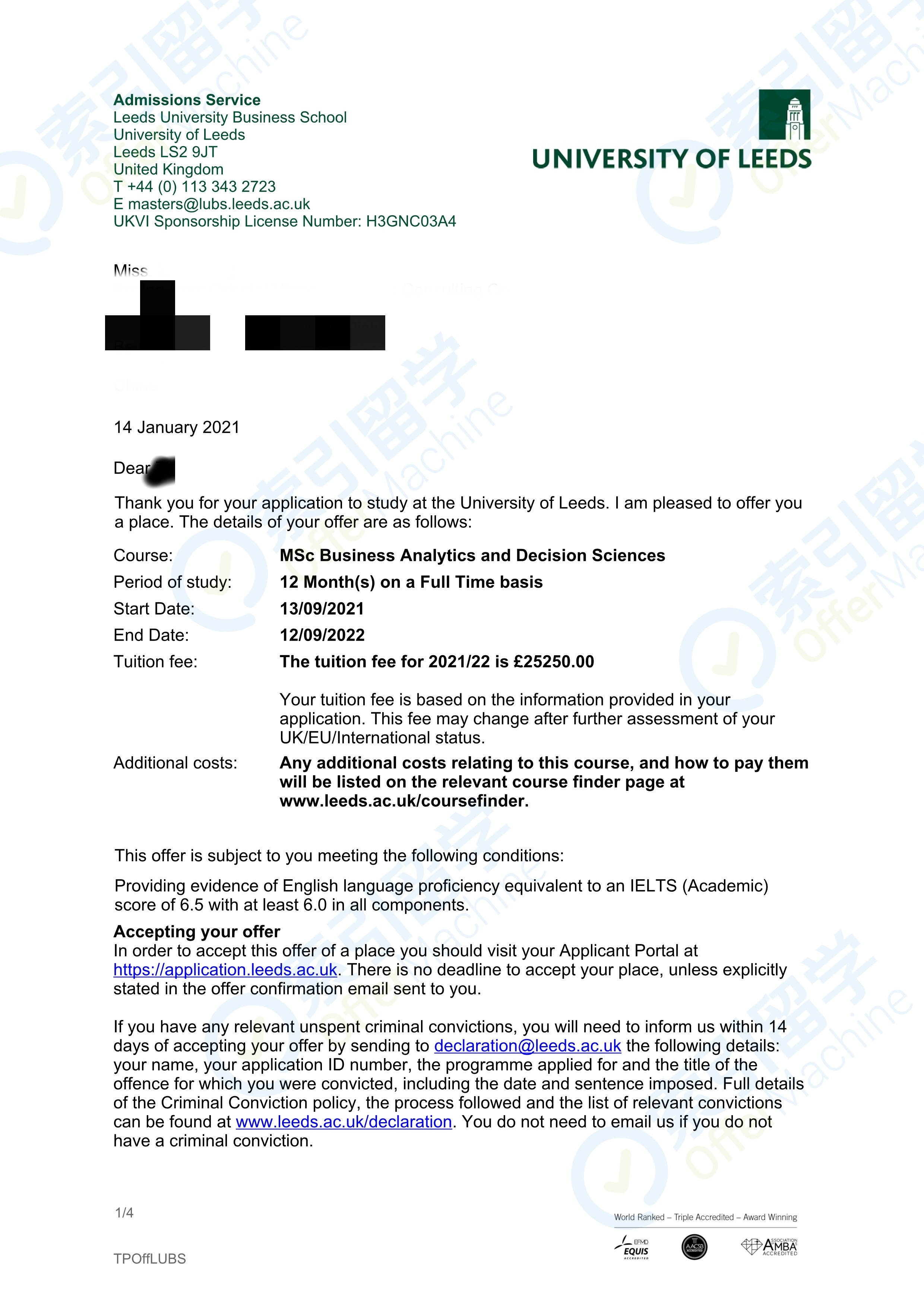 索引留学成功获得巴斯华威利兹大学的offer