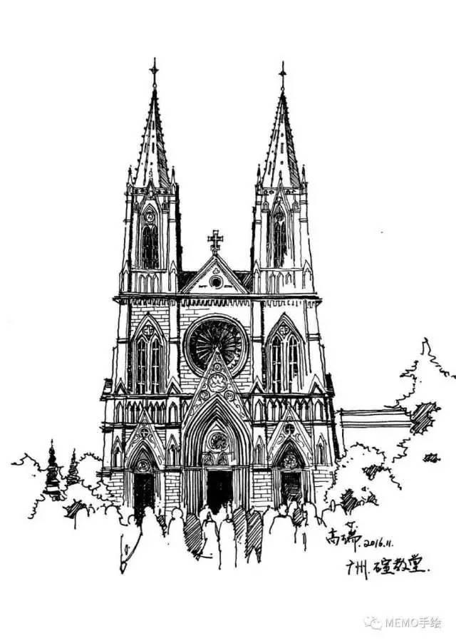 路思义教堂手绘图片
