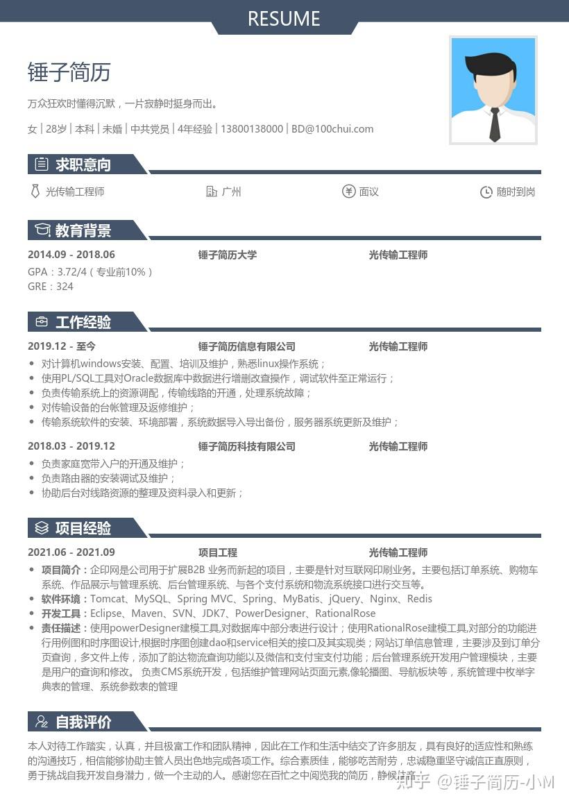 光传输工程师简历带内容参考锤子简历