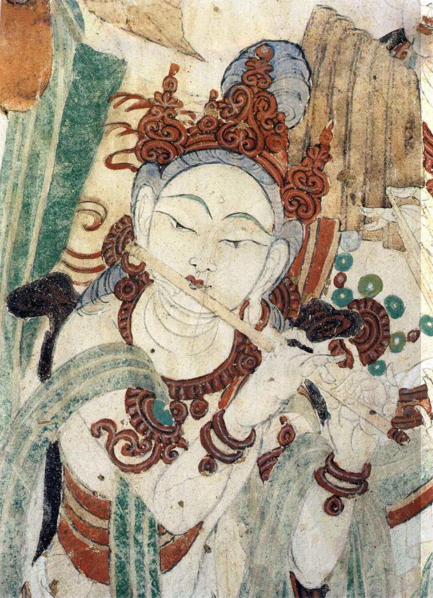 中唐-敦煌莫高窟159窟西壁龛外北(右)侧-文殊经变之行走三乐伎1-吹笛